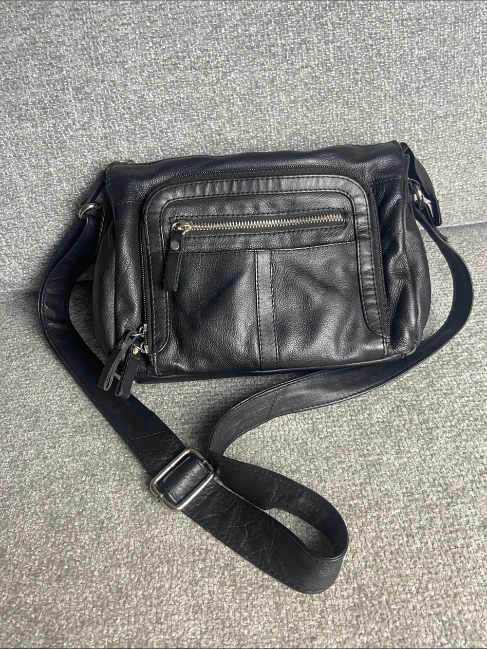 Black Leather Messenger Bag with Front Zip Pocket Unisex